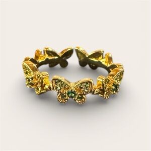 Gold Butterfly Ring with Green Stones Adjustable - Size 5-6